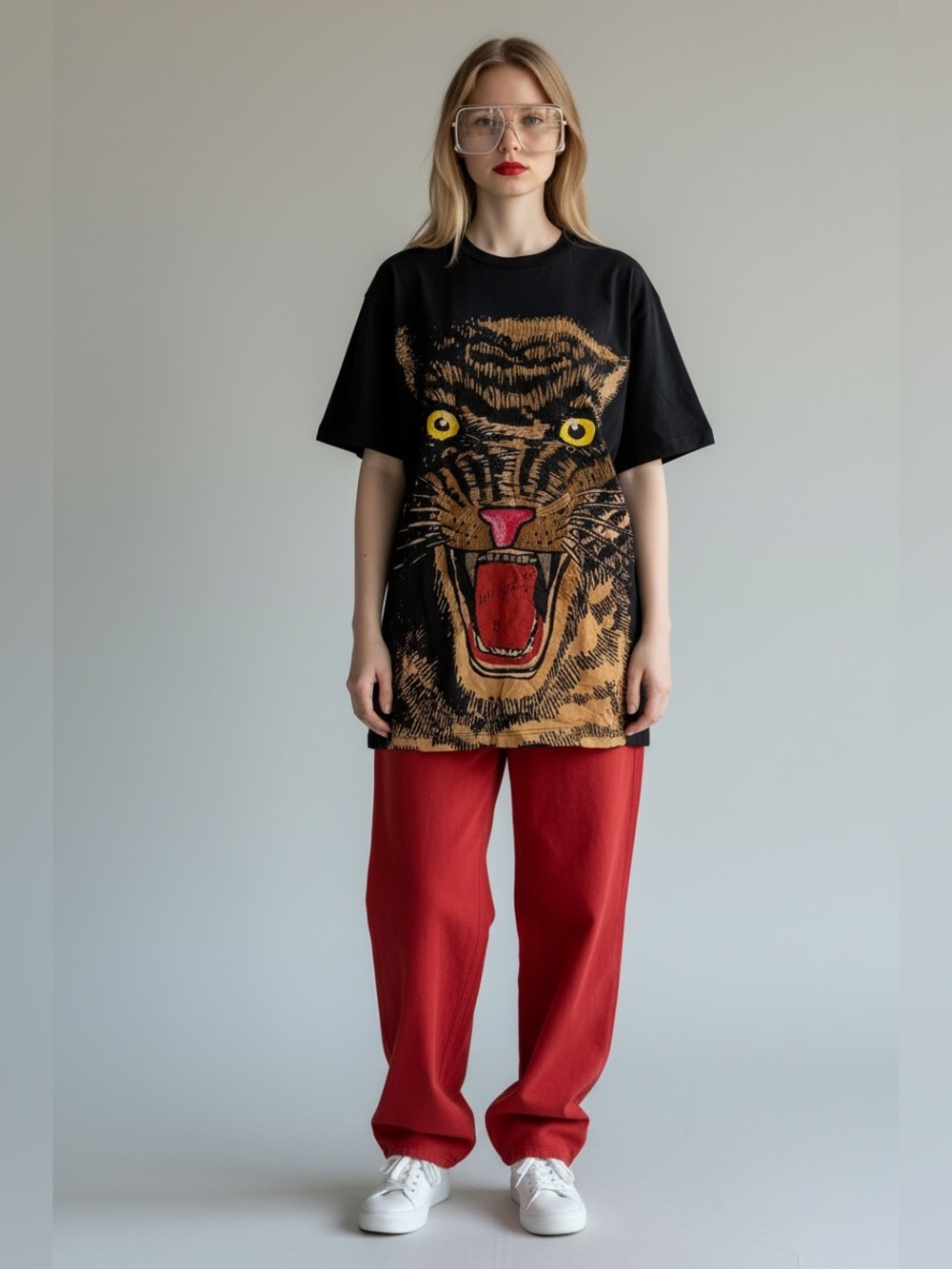 Gucci Black Tee with Large Beaded Tiger Face Graphic